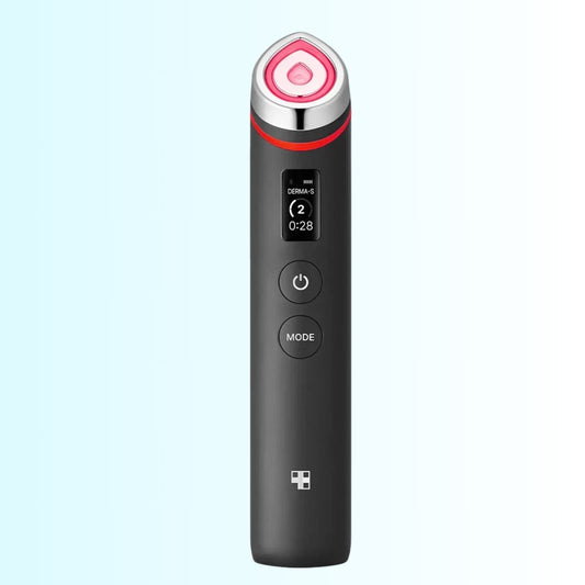 Black electronic device with red accents on a light gray background