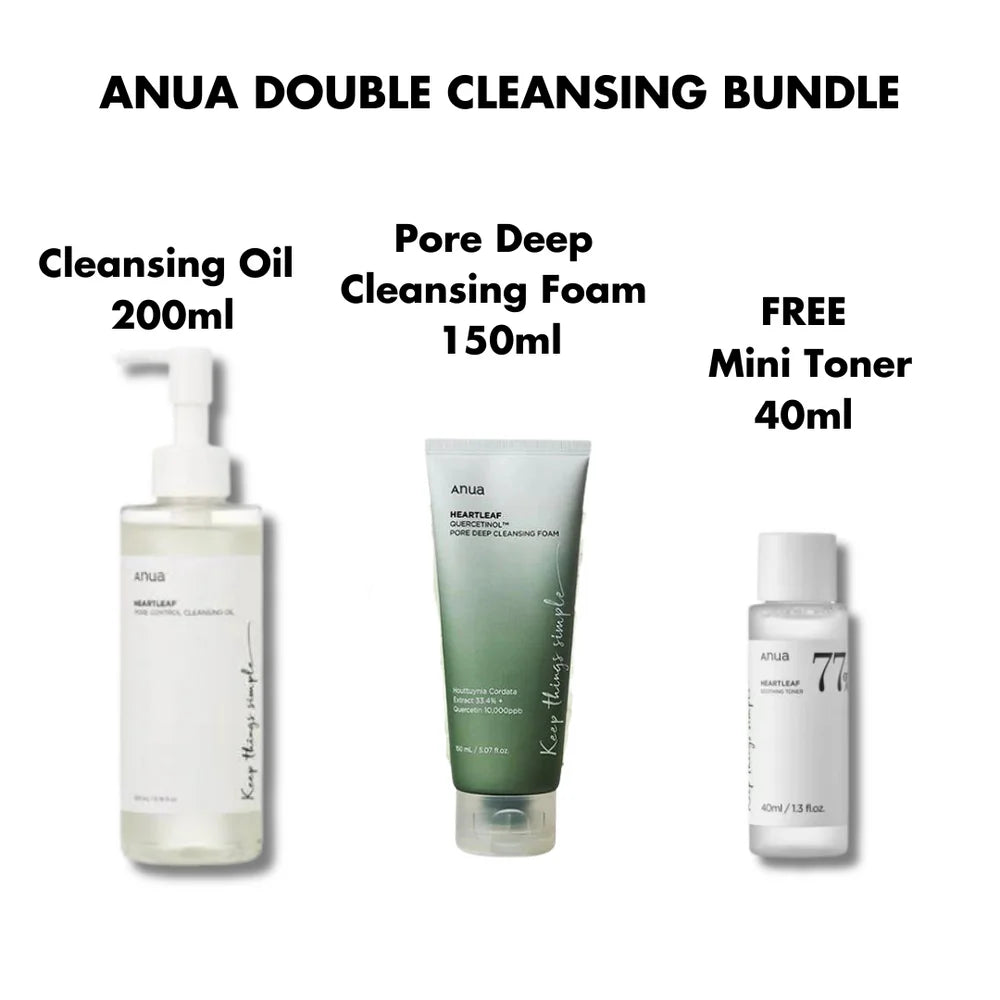 ANUA Double Cleansing Bundle – Includes Heartleaf Pore Control Cleansing Oil (200ml), Deep Cleansing Foam (150ml), and free Heartleaf Toner (40ml)