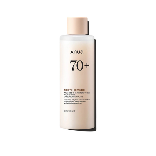 ANUA Rice 70 Glow Milky Toner – 250ml bottle of hydrating and brightening toner for radiant skin.