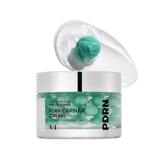 Jar of PDRN Porn Capsule Cream with green capsules on a white background