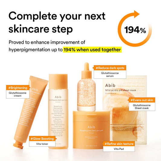 Skincare product set with bottles and packaging on a white background, featuring text about skincare benefits.