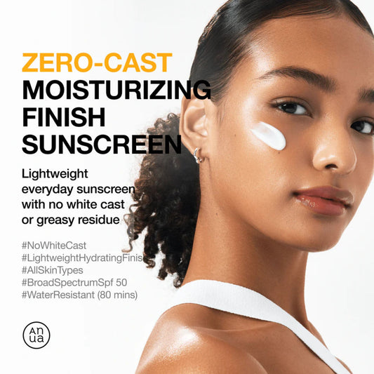 Advertisement for Zero-Cast moisturizing finish sunscreen with a model wearing it.