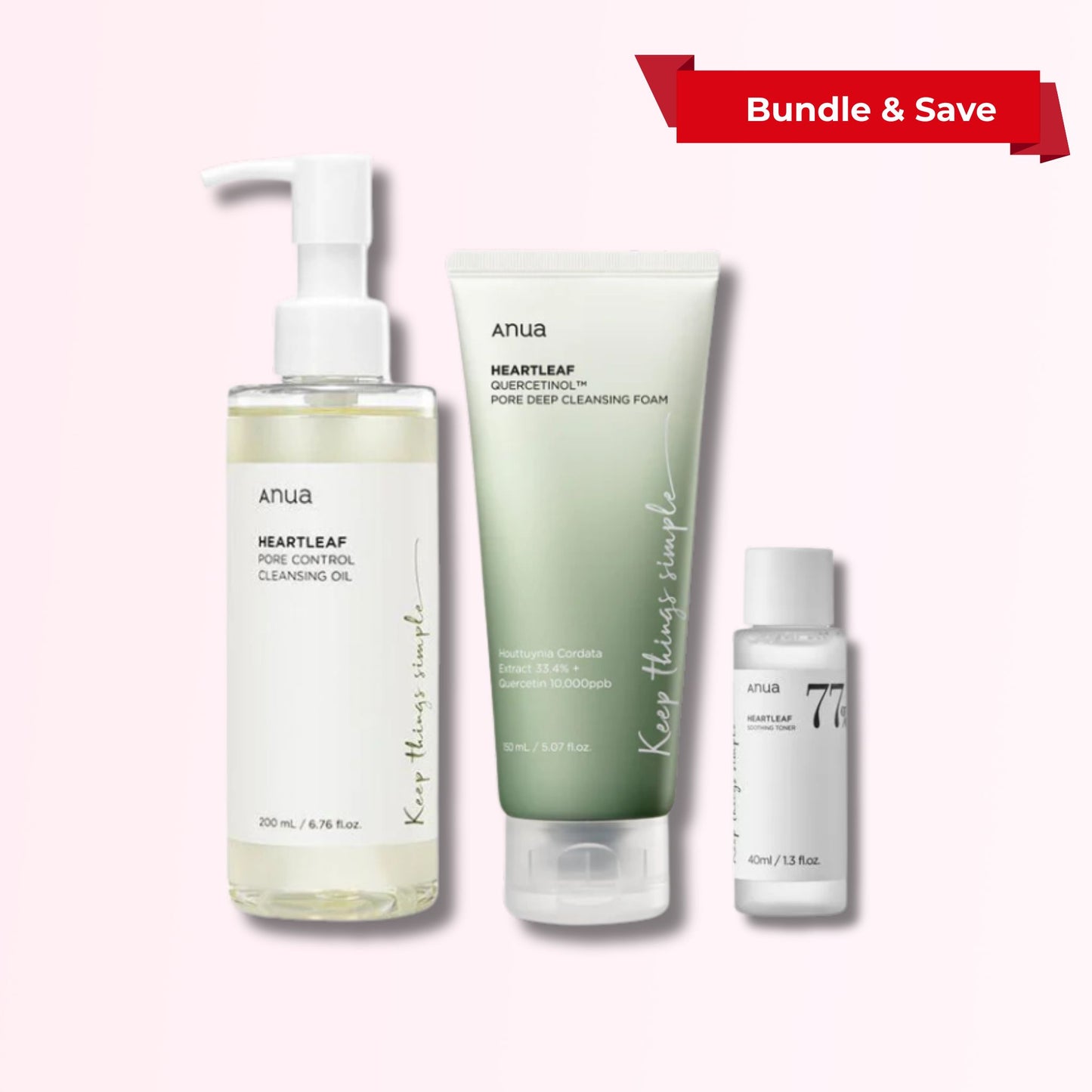 Bundle deal featuring Anua Heartleaf Pore Control Cleansing Oil (200ml), Anua Heartleaf Quercetinol Pore Deep Cleansing Foam (150ml), and Anua Heartleaf 77% Soothing Toner (40ml) — complete pore care trio.
