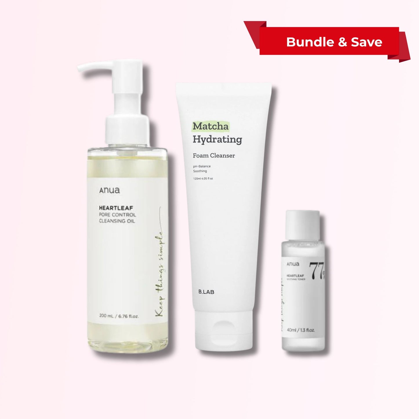 Bundle deal featuring Anua Heartleaf Pore Control Cleansing Oil (200ml), B.LAB Matcha Hydrating Foam Cleanser (120ml), and Anua Heartleaf 77% Soothing Toner (40ml)