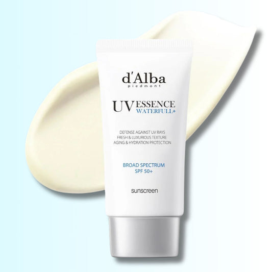 d’Alba UV Essence Waterfull+ Sunscreen — lightweight broad spectrum SPF 50+ sunscreen with anti-aging and hydration protection.