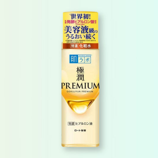 Hada Labo Gokujyun Premium Hyaluronic Lotion — deeply hydrating toner with multiple types of hyaluronic acid for intense moisture.