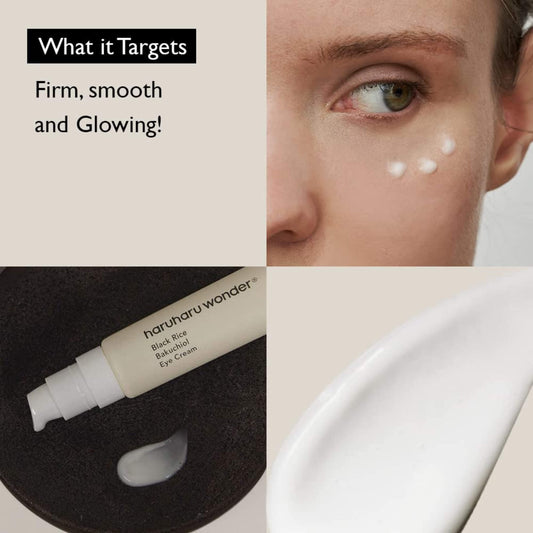 Cosmetic product with text 'What it Targets Firm, smooth and Glowing!' and a close-up of a person's eye with product application.