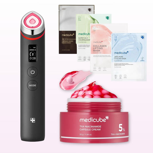 MEDICUBE Age-R Booster Pro Device with TXA Niacinamide Capsule Cream and 4 sheet masks – complete skincare set for brightening, lifting, and pore care