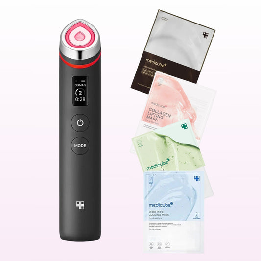 MEDICUBE Age-R Booster Pro Device with 4 Sheet Masks Set – Includes Deep Peptide, Collagen Lifting, Zero Pore Cooling, and Green Sheet Mask. Korean skincare anti-aging facial device for lifting, firming, and absorption boost.