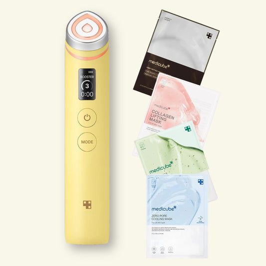 MEDICUBE Age-R Booster Pro Device in Yellow with 4 sheet masks – multifunctional skincare tool for hydration, glow, and anti-aging