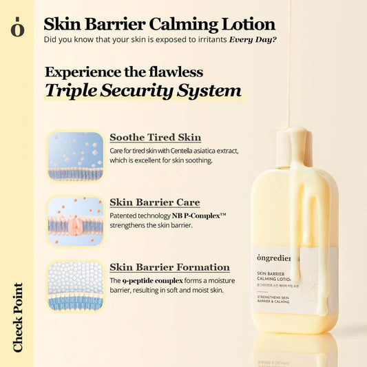 Advertisement for Skin Barrier Calming Lotion with product image and text on a beige background