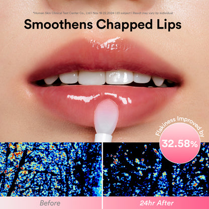 Lip balm application with text indicating lip smoothness improvement and before/after effects.