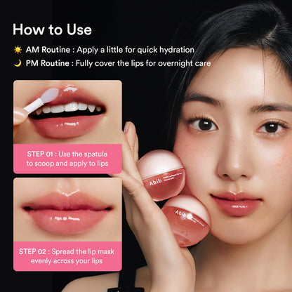 Lip care product with application instructions and a model wearing the product.