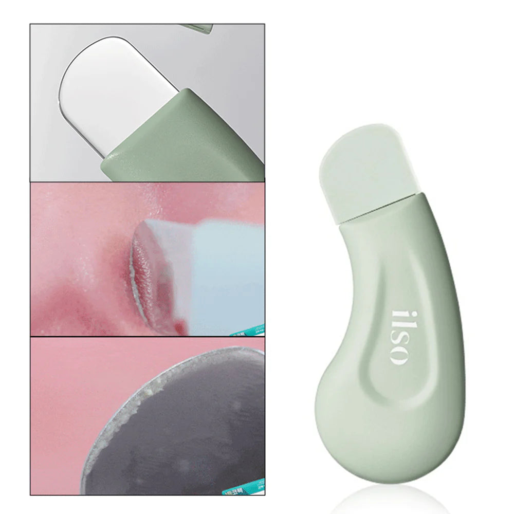 Green skincare tool with close-up images of skin texture on a white background