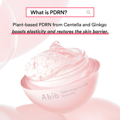 Pink lip mask with text about PDRN and its benefits on a light pink background