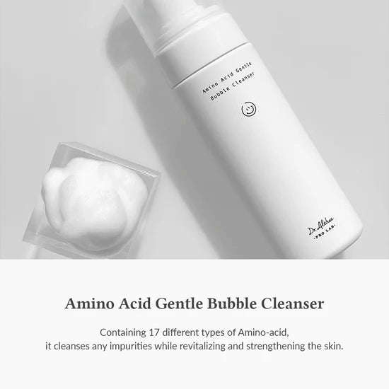 Amino Acid Gentle Bubble Cleanser with a white bottle and soap bar on a light gray background