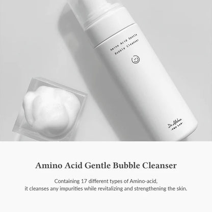 Amino Acid Gentle Bubble Cleanser with a white bottle and soap bar on a light gray background