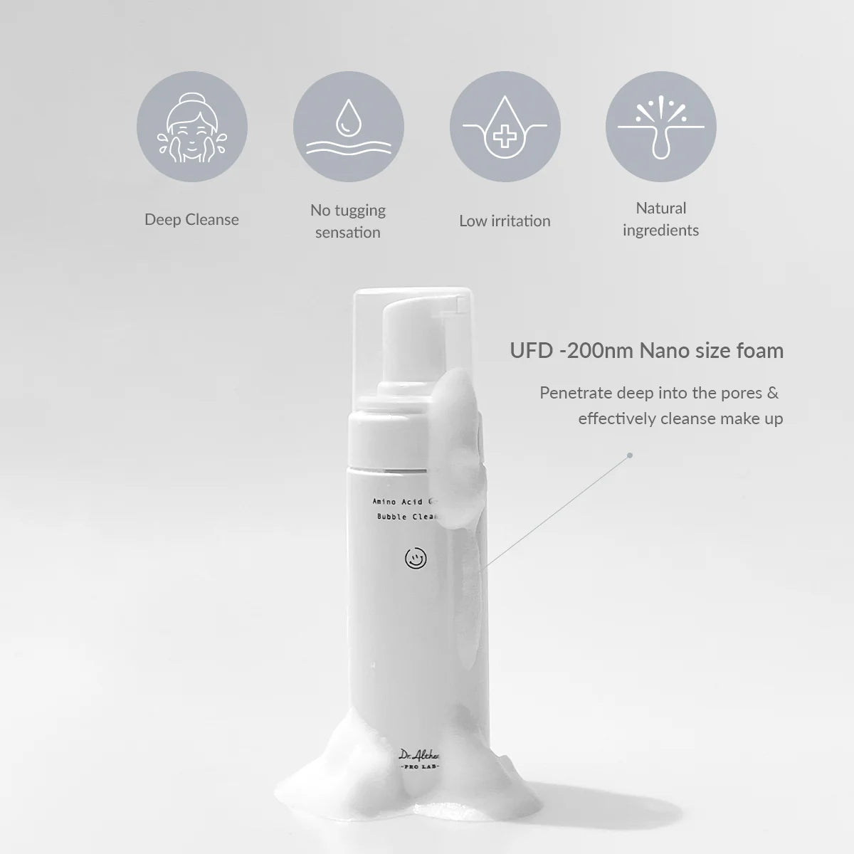 White foam bottle with text and icons on a light gray background