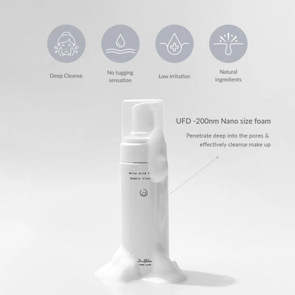 White foam bottle with text and icons on a light gray background