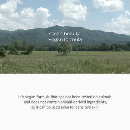 Scenic landscape with mountains and trees, featuring text about a vegan formula.