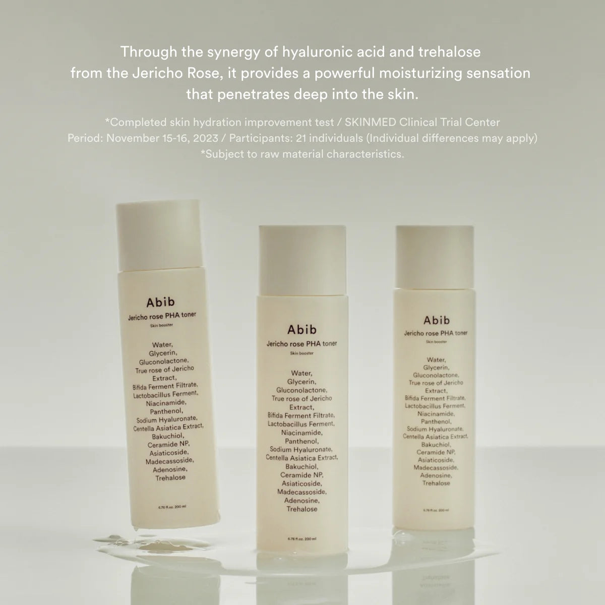 Three skincare bottles labeled 'Abib' on a light gray background with text about hyaluronic acid and trehalose.