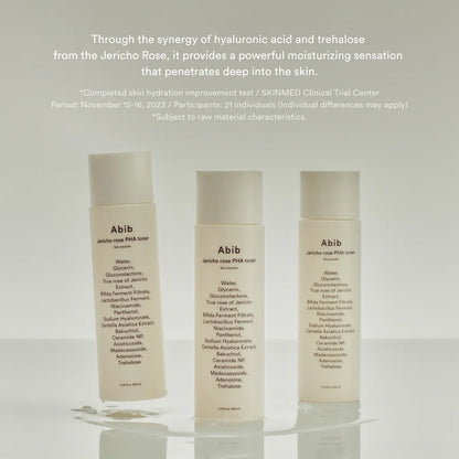 Three skincare bottles labeled 'Abib' on a light gray background with text about hyaluronic acid and trehalose.