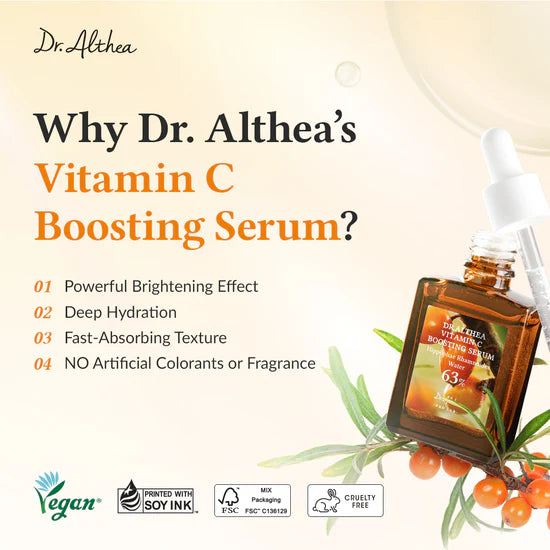 Dr. Althea Vitamin C Boosting Serum with benefits listed on a light background