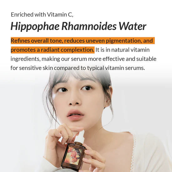 Woman holding a skincare product with text about Hippophae Rhamnoides Water benefits.