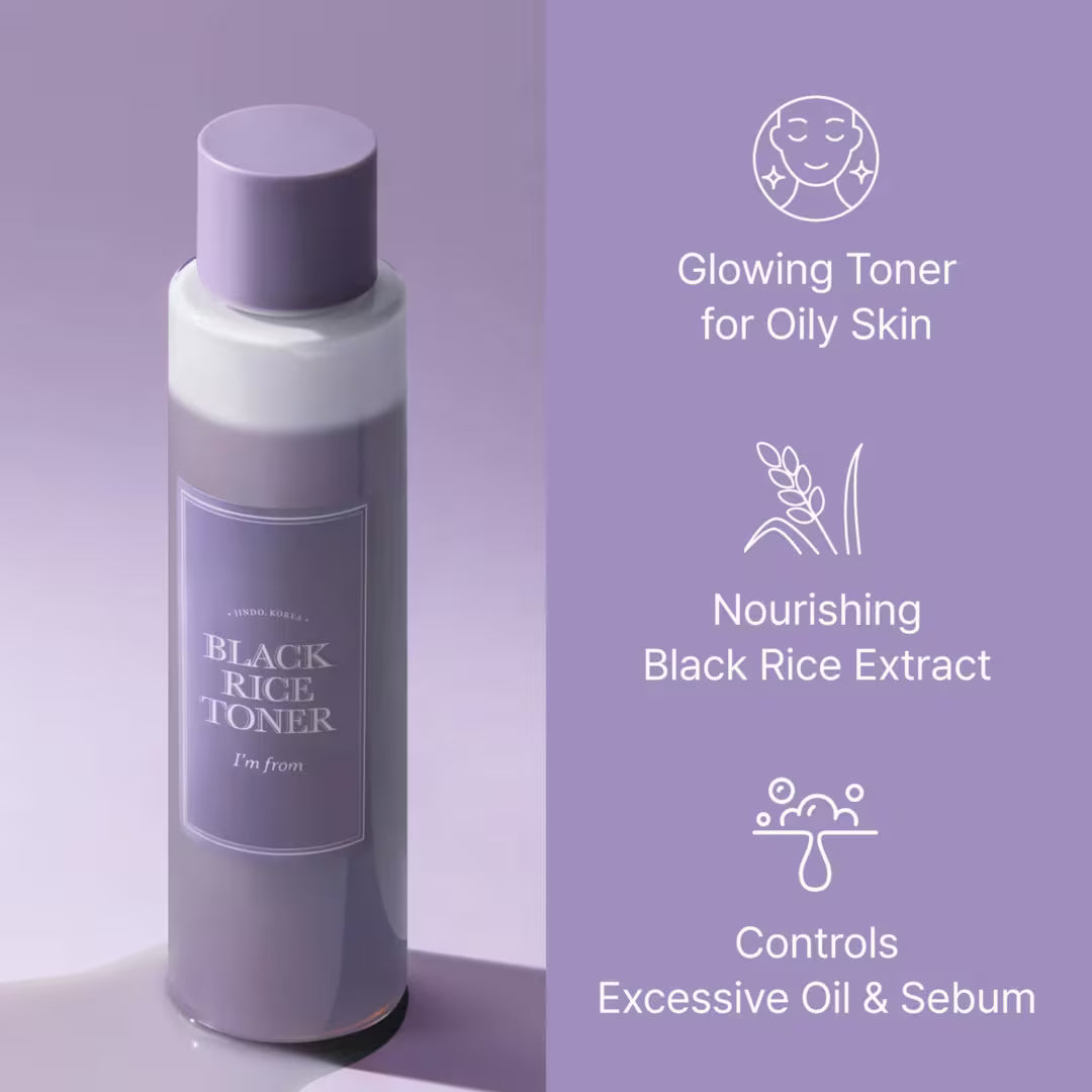 Black Rice Toner bottle with features on a purple background