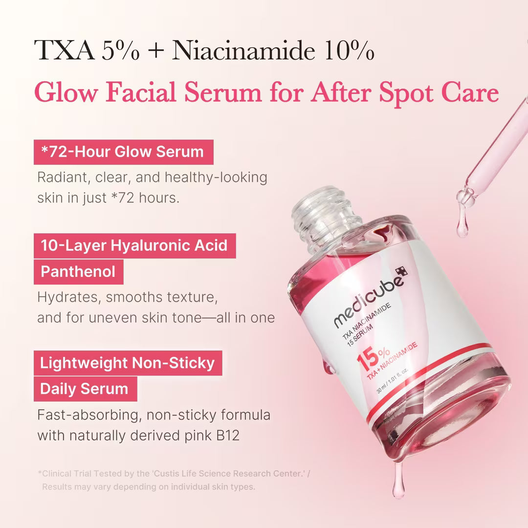 Facial serum bottle with text on a pink background