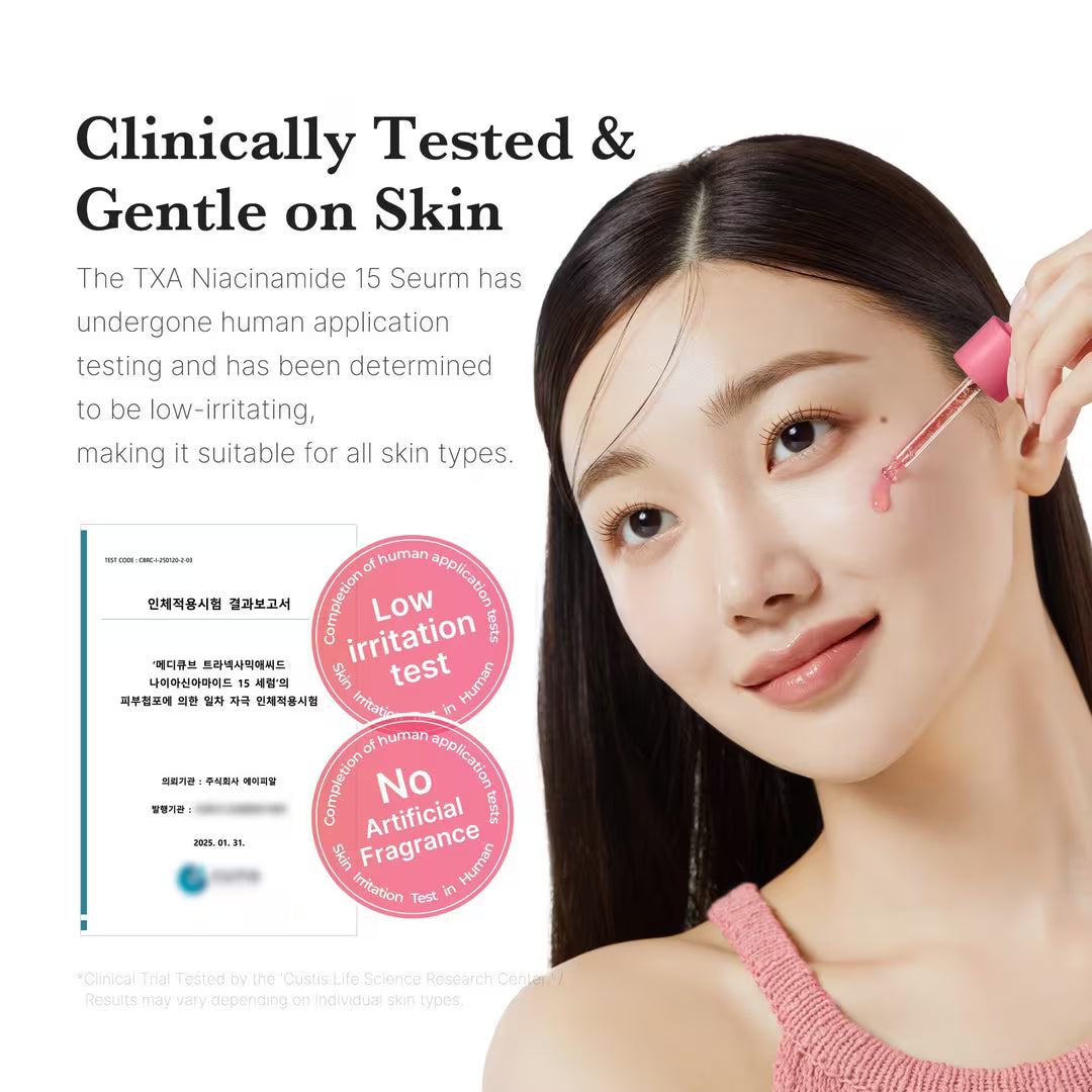 Woman applying a skincare serum with text about clinical testing and skin compatibility.