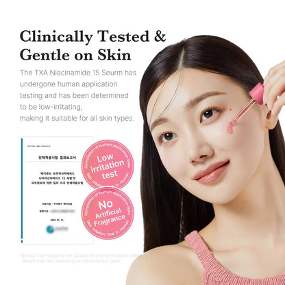 Woman applying a skincare serum with text about clinical testing and skin compatibility.