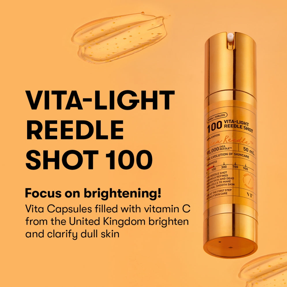 Gold skincare serum bottle labeled 'Vita-Light Reedle Shot 100' on an orange background.