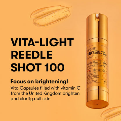 Gold skincare serum bottle labeled 'Vita-Light Reedle Shot 100' on an orange background.