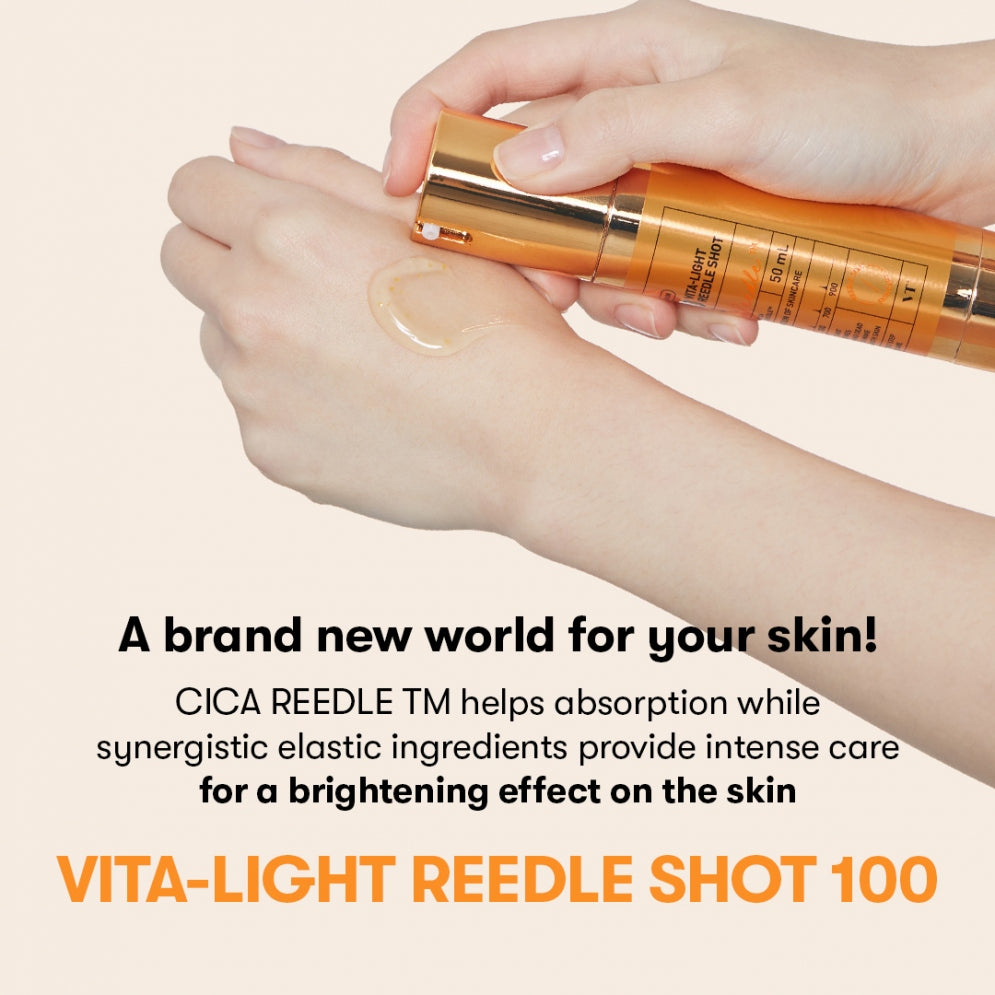 Vita-Light Reedle Shot 100 being applied to skin with text about its benefits.