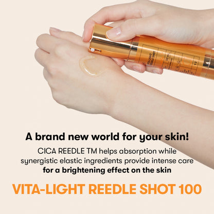 Vita-Light Reedle Shot 100 being applied to skin with text about its benefits.