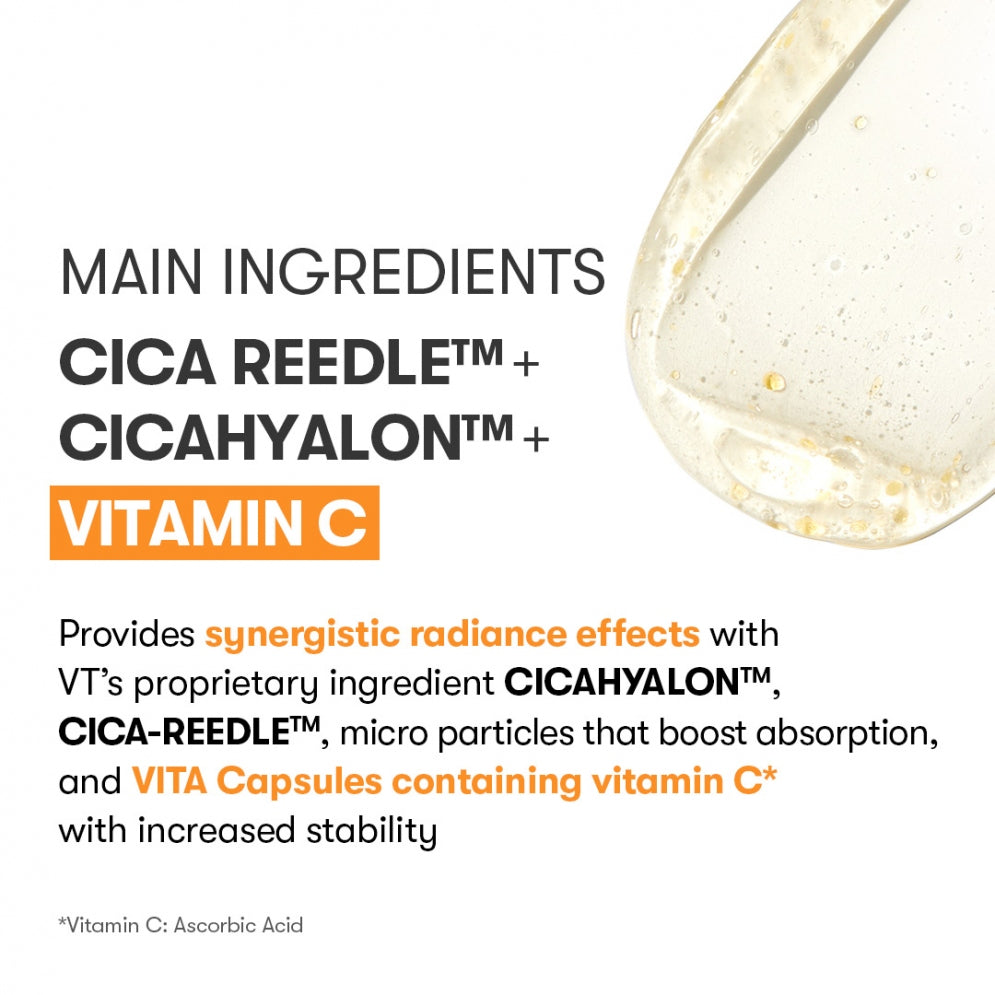 Product advertisement highlighting CICA REEDLE, CICAHYALON, and Vitamin C as main ingredients with a close-up of a droplet.