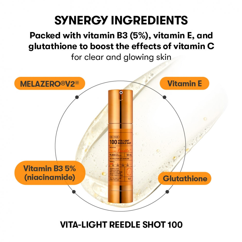 Vita-Light Reedle Shot 100 with synergy ingredients on a white background