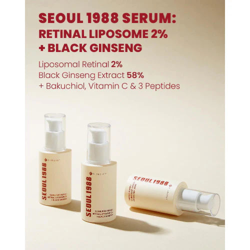 Seoul 1988 Serum bottles with product details on a beige background