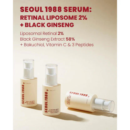 Seoul 1988 Serum bottles with product details on a beige background