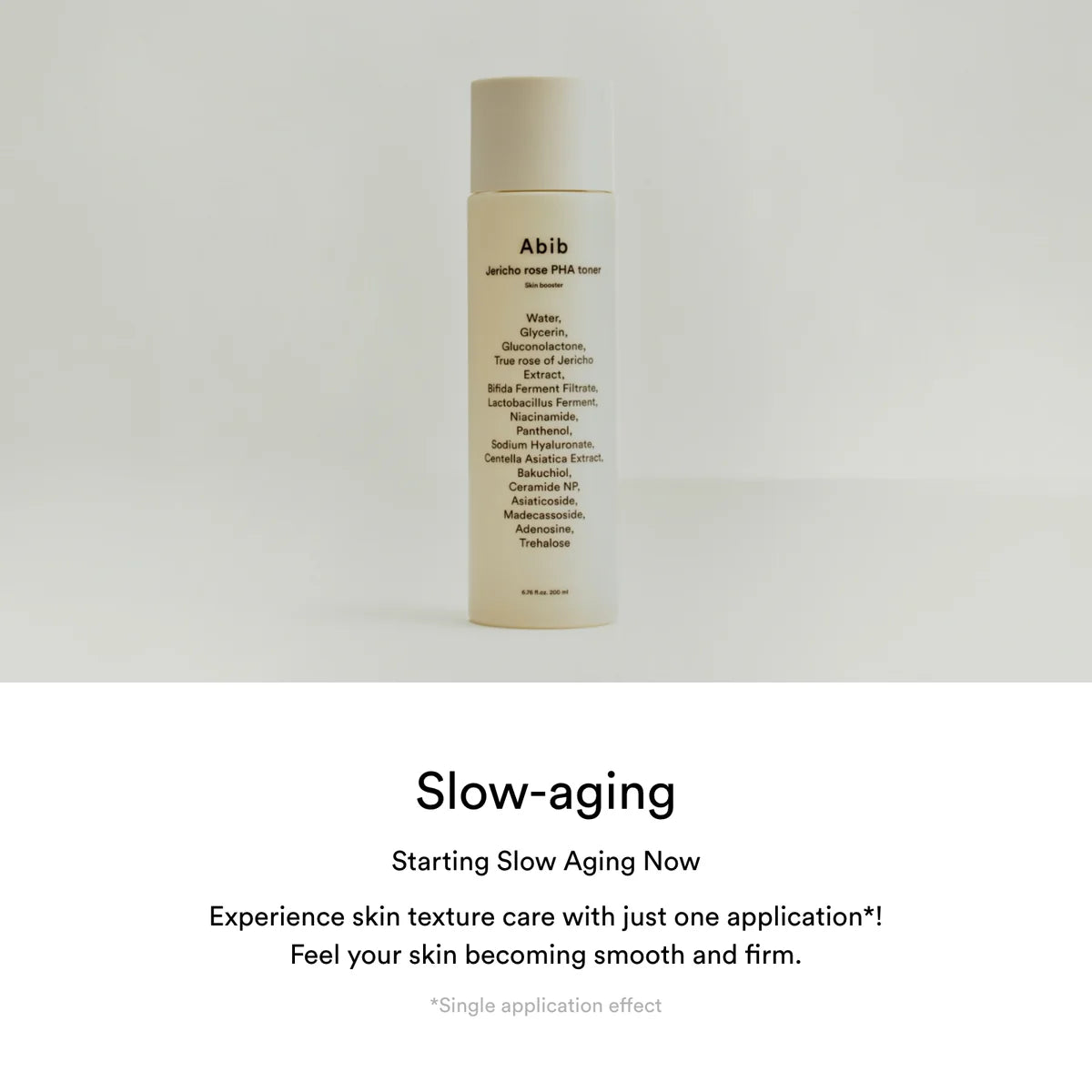 Skincare bottle labeled 'Abib' on a light gray background with promotional text about slow aging.