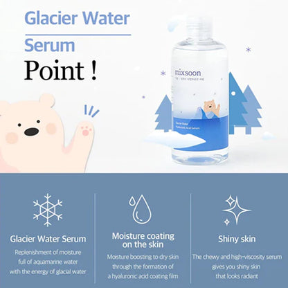 Glacier Water Serum bottle with cartoon bear and tree graphics on a white background