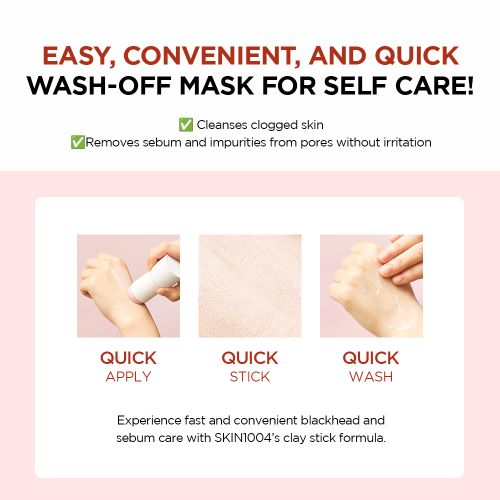 Promotional graphic for a wash-off mask with text and images of application steps on a pink background.