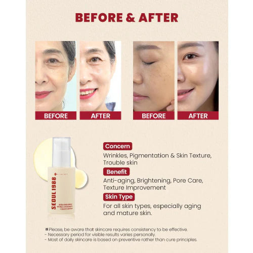 Before and after skin comparison with skincare product packaging on a beige background