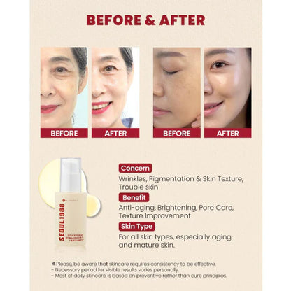 Before and after skin comparison with skincare product packaging on a beige background