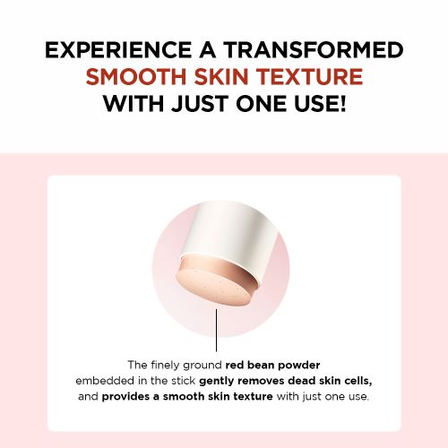 Product advertisement with text about smooth skin texture and red bean powder on a pink background
