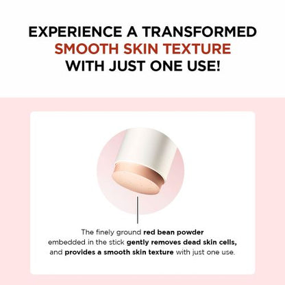 Product advertisement with text about smooth skin texture and red bean powder on a pink background
