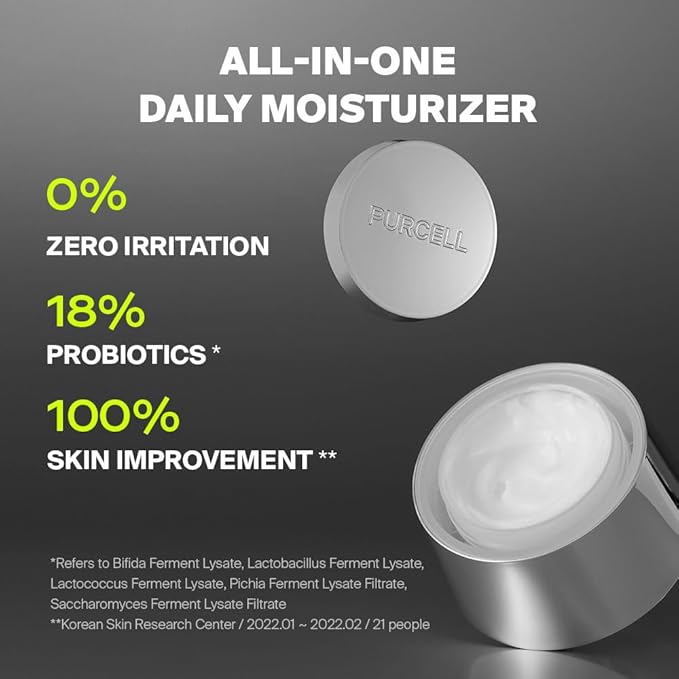 Purcell all-in-one daily moisturizer with text highlighting zero irritation, probiotics, and skin improvement on a dark background.
