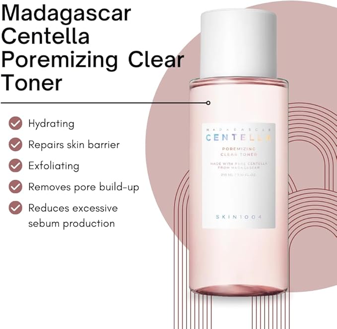 Skincare toner bottle with text highlighting its benefits on a white background