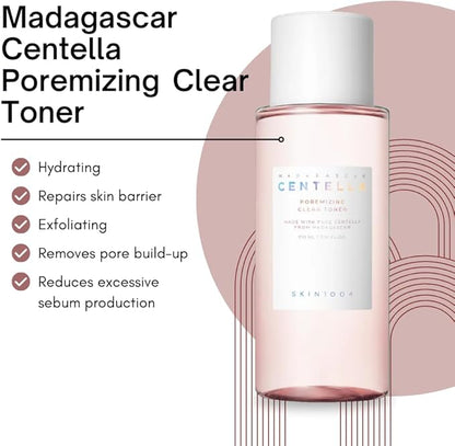 Skincare toner bottle with text highlighting its benefits on a white background